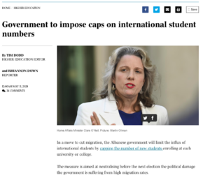 Australian government to impose caps on international student numbers